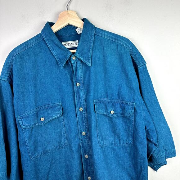 Vintage Nouvo Teal Blue Denim Button Down Short Sleeve Shirt Men's XL 90s Y2K - Picture 3 of 7